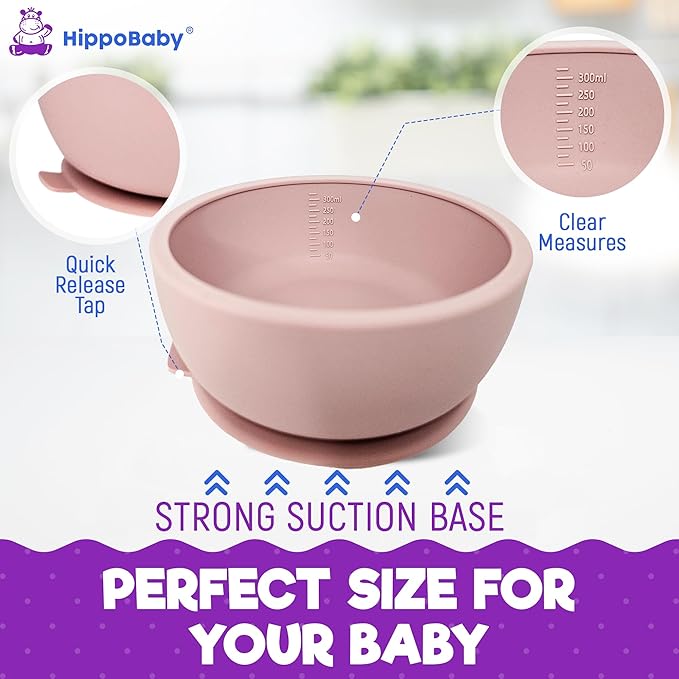 6 Piece Baby Bowls With Suction and Lids | Toddler Bowl Set with 1 Bowl, 1 Bib, 2 Baby Spoons, 1 Large Spoon, 1 Large Fork, Baby Feeding Essentials (1, Rose Quartz)