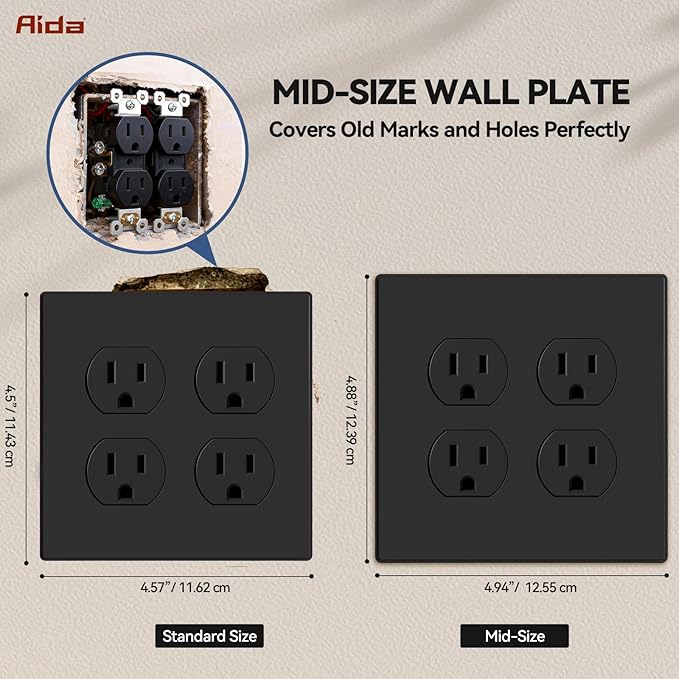 AIDA 2-Gang Screwless Wall Plates - Mid-Size Thermoplastic Cover for Duplex & Combo Receptacles and Toggle Switches - Unbreakable & UL Listed - 4 Pack,Matte Black