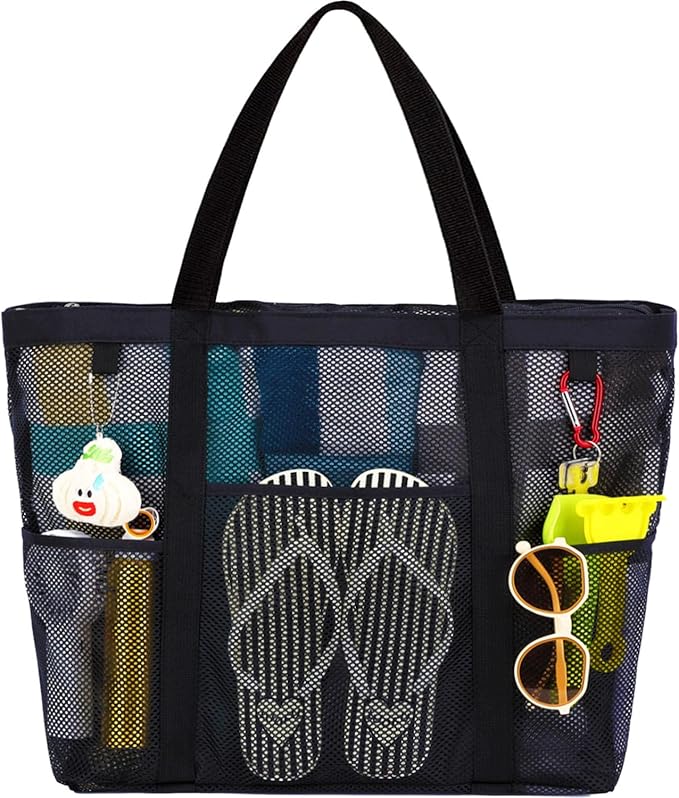 Mesh Beach Bag, Large Beach Tote with Zipper Pocket for Family Pool Bag for Toys & Vacation Essentials