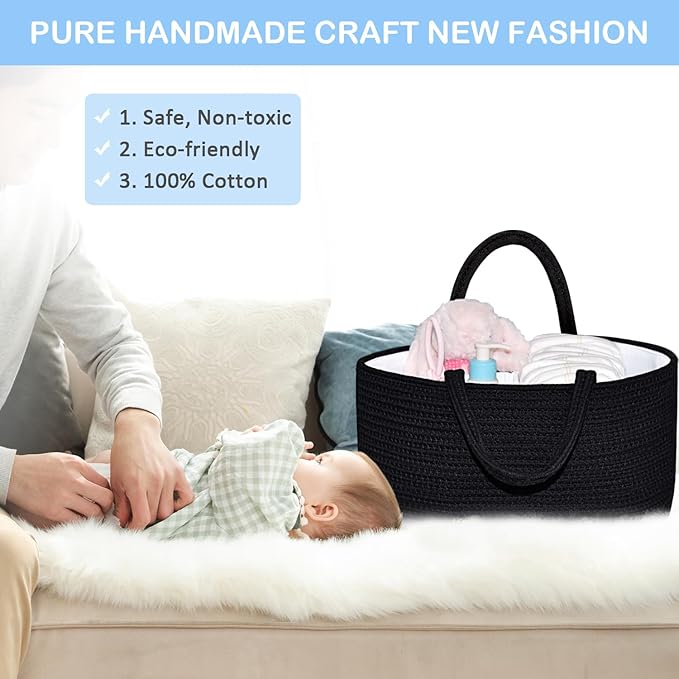 ABenkle Diaper Caddy Organizer, Boho Rustic Cotton Rope Nursery Baby Basket, Changing Table Organizer for Baby Diaper Storage and Baby Shower