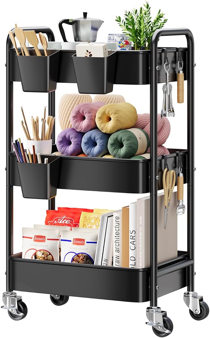 3 Tier Rolling Cart Metal with Wheels, Black Three Tiered Art Cart Organizer on Wheels, Storage Utility Trolley Carts for Kithcen, Craft, Nail, Lash, Makeup, Salon,Bedside, Bathroom, Office, Snack