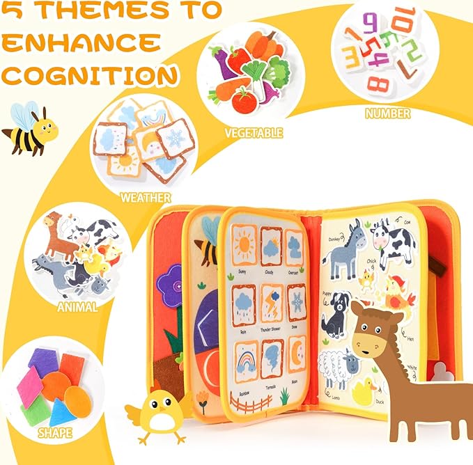 Jollybaby Montessori Activity Busy Book for Toddlers, Preschool Educational Learning Busy Board for 3 Year Old, Felt Quiet Book Birthday Gift - Farm