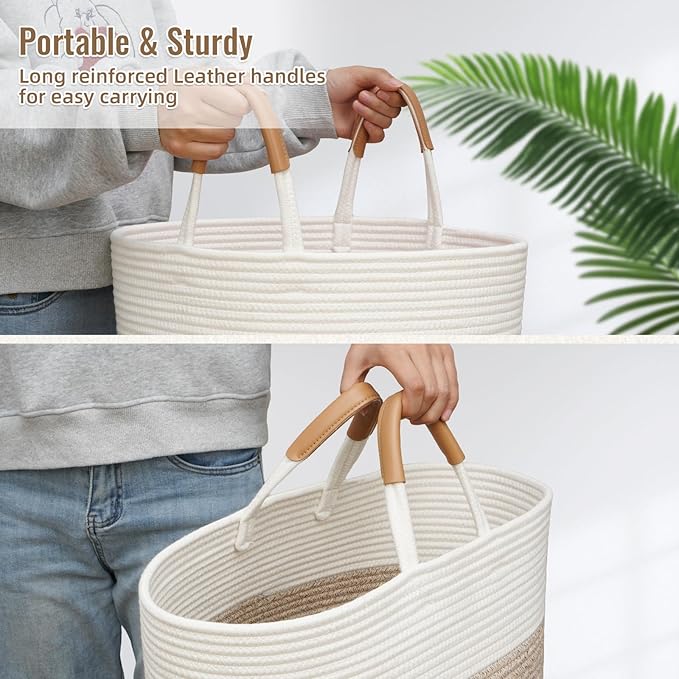 Degeyoyo 90L Striped Laundry Basket, Brown Laundry Hamper with Leather Handles, Woven Cotton Rope Storage Bin for Blankets, Nursery Hamper for Clothes, Toys In Bathroom, Livingroom, Bedroom