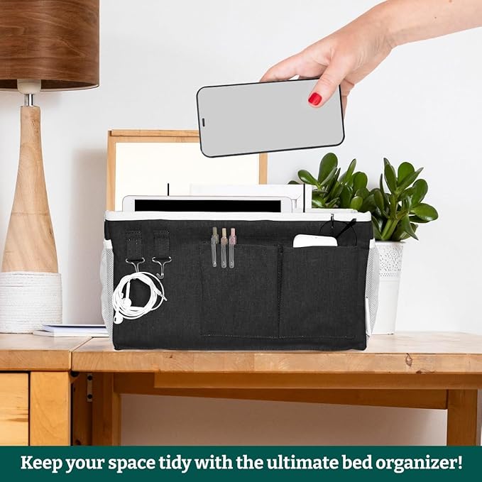 Bedside Caddy Organizer Hanging Storage Bag with Pockets for Books, Magazines, Phone, Tablet & Water Bottle – Bedside Storage for Dorm, Bunk Beds, Hospital Beds & Cribs, Black