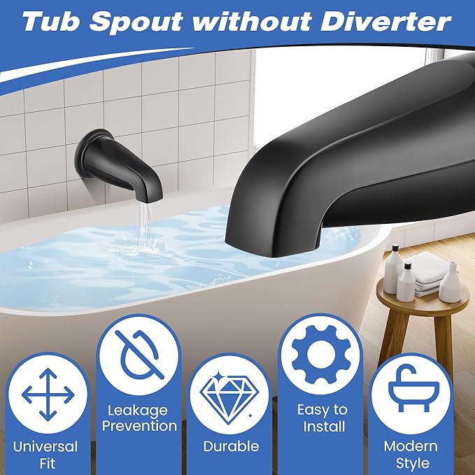 Dreyoo Tub Spout (Universal Fits 1/2" Copper Pipe, 1/2" IPS and 3/4" IPS), Bathroom Bathtub Faucet with Adapters and Hex Wrench(Matte Black,Without Diverter)