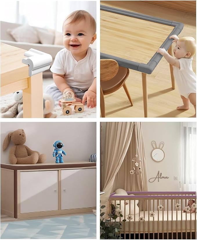 QYV Edge Protector for Baby Proofing, 6.6FT 0.67’’Th L-Shape Air Buffering Soft NBR Rubber Foam Furniture Edge Bumper Guards with 6 Corners, Pre-Taped, Thick Table Bumper Guard for Babies (White-gray)