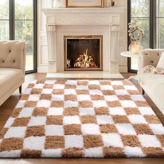 Ophanie Area Rugs for Bedroom Living Room,Color Checkered Beige & White,Size 4' x 6',Shape Rectangular
