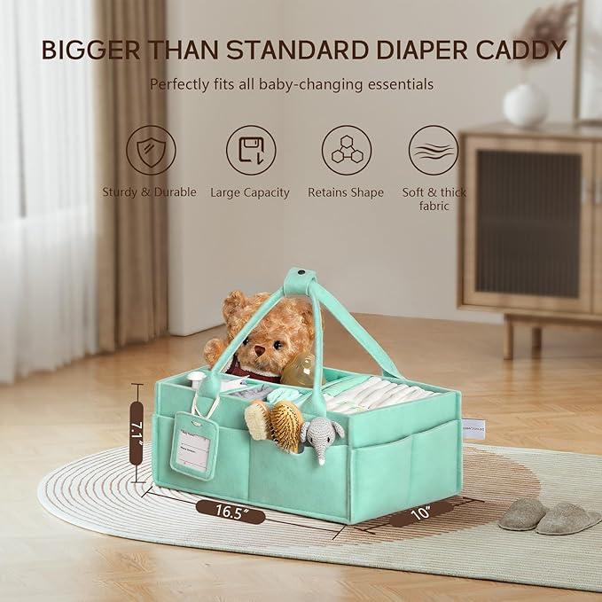 GEMII Diaper Caddy Organizer-Large Baby Caddy Organizer with Handle, Newborn Registry Essentials, Baby Shower Basket Gifts for Boys or Girls (Green, Large)