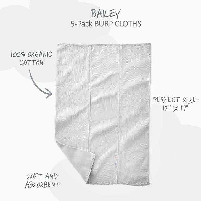 Butterblu Bailey 5-Pack Burp Cloths 100% Organic Cotton Knit for Newborn & Baby Boys & Girls, White, One Size