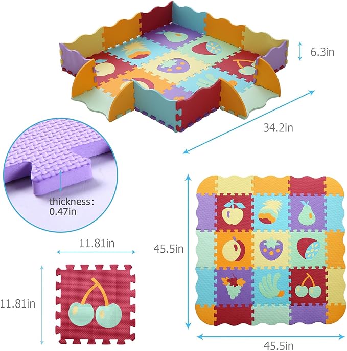 Tamiplay Foam Play Mat for Kids，25Pcs Square Interlocking Puzzle Floor Mat，Baby Play Mat Floor Mat Foam Puzzle Playmat for Toddlers with Fence（Fruit-CSH008