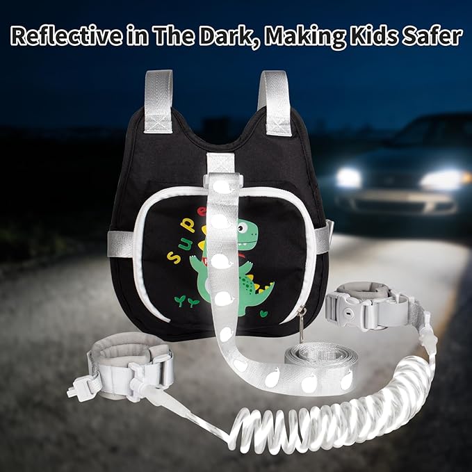 Toddler Harness Backpack Leash with Wrist Link | Cute Dinosaur Anti-Lost Walking Strap for Kids | Foldable & Adjustable Child Safety Belt for Boys & Girls(Black)