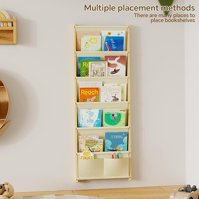 Wood 6-Tier Wall Mounted Kids Bookshelf – Floating Book Shelf For Kids Rooms,Nursery & Classroom, Hanging Bookcase Organizer For Books,Toddler Book Shelf, Montessori Bookshelf, Nursery Shelves
