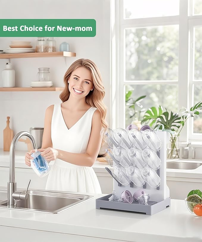 Baby Bottle Drying Rack, Vertical Space Saving Countertop Holder - Large Capacity for 12 Bottles, Pump Parts, Pacifiers, Brushes, Sippy Cups - BPA-Free, Baby Accessories Organizer - Grey