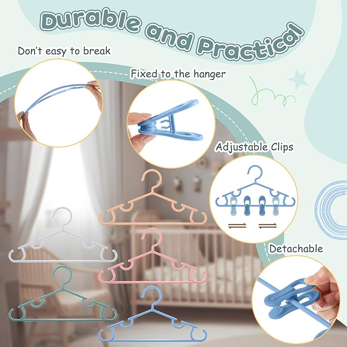 Hsei 5/10/40 Pack Baby Hangers with 10/20/80 Clips, Plastic Kids Pants Hangers for Nursery Closet Top and Bottom Clothes Hanger Set for Newborn Infant Toddler(30 Packs Total,Morandi Color,10.6 Inch)