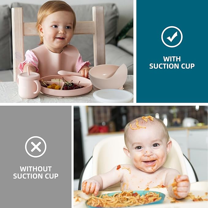 Dormlony 100% Silicone Baby Feeding Set,BPA Free Baby Dishes Set with Suction Bowl Divided Plate,Toddler Self Feeding Dish Set with Spoons Forks Sippy Cup and Bib, Baby Eating Utensils (Pink)