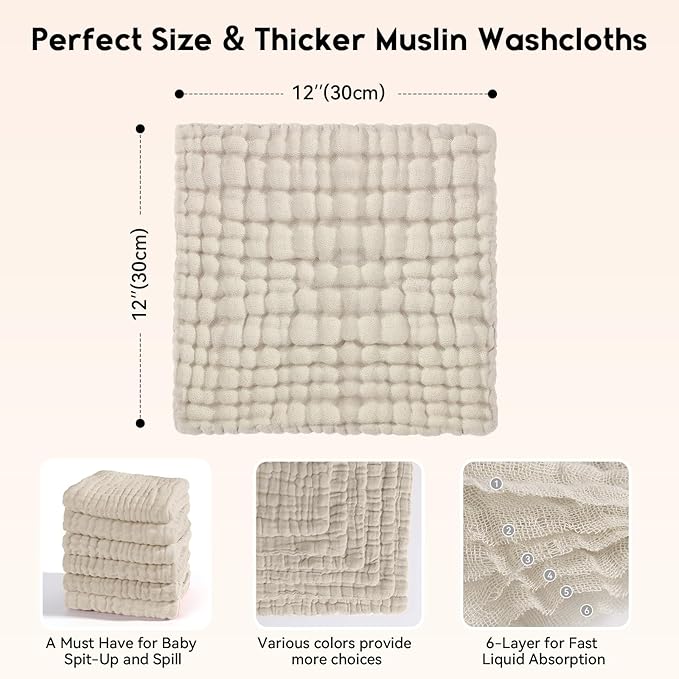 Unnivoll Muslin Burp Cloths Baby 12''X12'', Baby Washcloths 6 Pack, 100% Cotton Baby Wash Cloths Absorbent and Soft for Newborn Infants Kids Boys Girls - Apricot