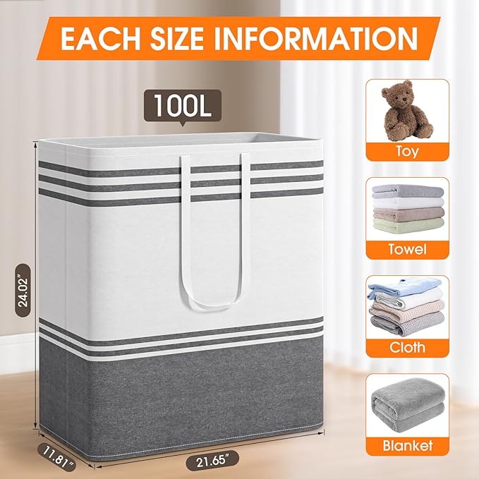 4 Pack Large Laundry Baskets, Laundry Hampers, Freestanding Waterproof Collapsible Clothes Bag with Extended & Reinforced Handles - Clothes Basket for Dorm, Bathroom, Home (100L)