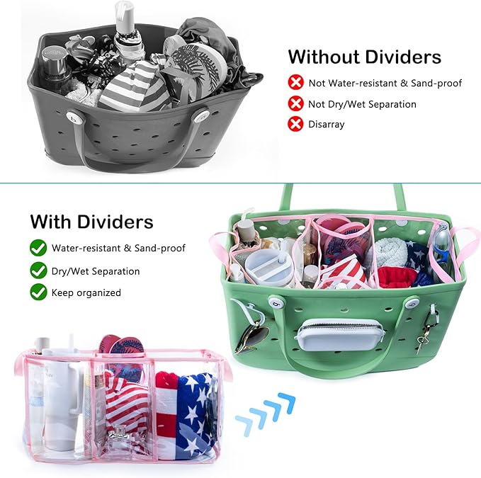 AMOIGEE Clear Beach Bag Organizer Insert with 3pcs Accessories for XL Bogg Bag Inserts - Tote Bag Divider with Sunglasses Holder, Phone Holder and Clips Hooks - Beach Tote Insert Organizer Liner