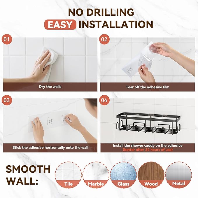 YASONIC Adhesive Shower Caddy, 5 Pack Shower Shelves for Inside Shower, Rustproof Shower Organizer with Soap and Toothbrush Holder, No Drilling Shower Storage for Bathroom/Kitchen