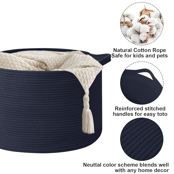 Large Storage Basket with Handle,23.6" x 23.6" x 15.7" Blanket Basket Storage Bins for Organizing,115L Cotton Rope Woven Baskets for Living Room, Nursery,Bedroom,Dark Blue