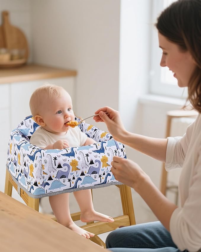 High Chair Cover Portable with 3-Point Harness, Waterproof Baby Seat Cover for Restaurant Travel Home Use, Machine Washable, Fits Wooden Chairs (Colorful Dinosaurs)