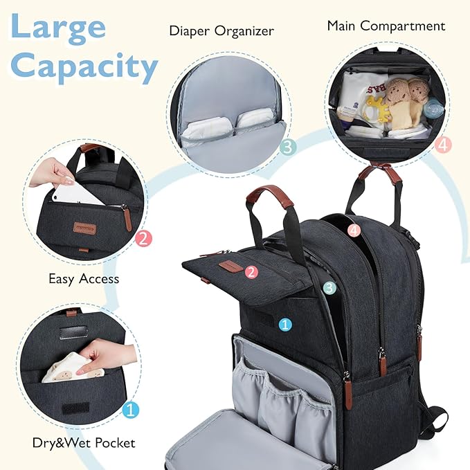 mommore Diaper Bag Backpack, Large Diaper Bag Expandable for 2 Kids/Twins, Durable Baby Bag with Changing Pad, Water Resistant Travel Diaper Backpack for Mom Dad | Expandable, for 2 Kids/Twins, Durable Baby Bag, with Changing Pad, Water Resistant