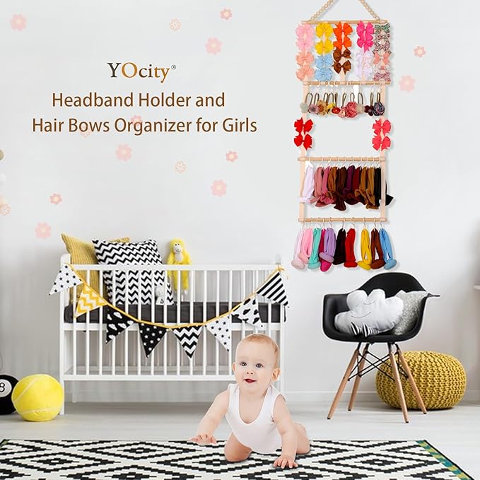 YOcity Baby Headband Holder and Organizer - Holds Head Bands, Bows & Accessories - Storage for Toddler Nursery & Girl's Room (Beige)