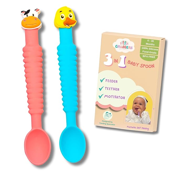 Little Grubbers 3-in-1 Silicone Baby Spoon Self Feeding 6+ Months - Pediatric OT Designed Teether Spoon, BPA Free Toddler Utensils, Mess-Free, Fun for Baby Led Weaning Supplies, Cow & Duck