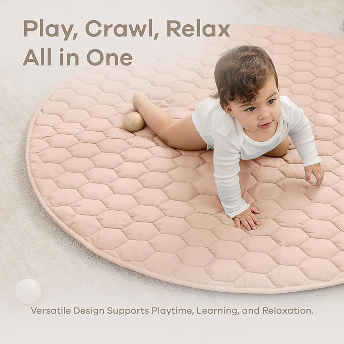 Comfy Cubs Round Kids Play Mat - Medium 48 inches Soft Quilted Baby Floor Mat with Non-Slip Bottom - Plush Design for Toddlers' Playtime - Comfortable and Durable - Blush