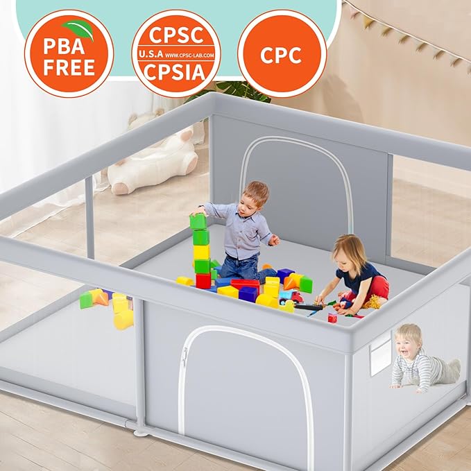 Baby Playpen, 79''x79'' Extra Large Playpen for Babies and Toddlers, Baby Fence Play Pen for Indoor & Outdoor, with Soft Breathable Mesh Grey