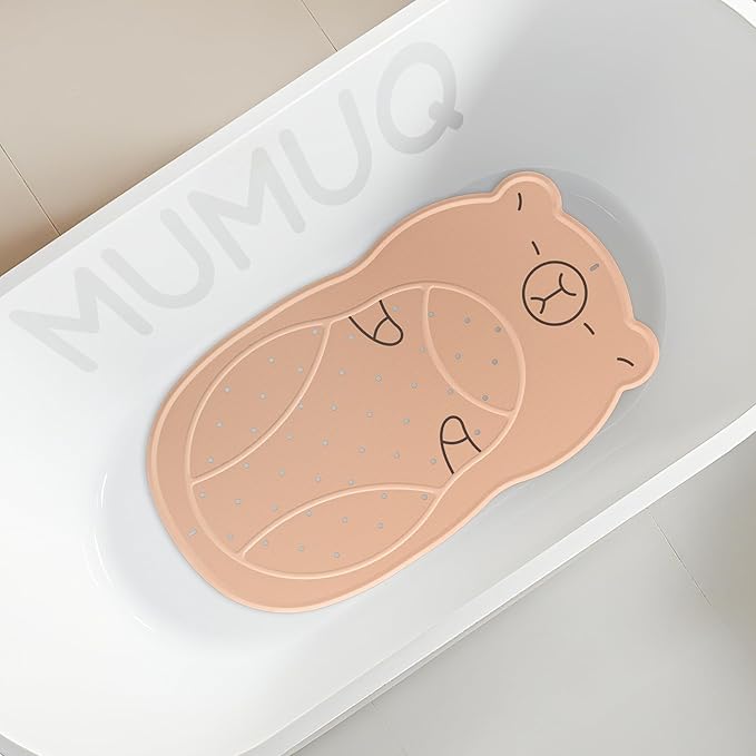 Non Slip Shower Mat Baby Bath Tub Mat Ruber Cartoon Capybara Bathtub Mats for Toddlers and Kids Cute Bath Mats with Suction Cups and Drain Holes 30"x18", Brown