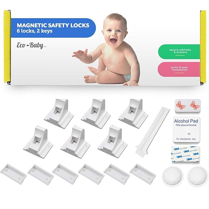 6 Pack Magnetic Cabinet Locks for Babies (with 2 Keys), Eco Baby Magnetic Baby Proofing Cabinet Locks, Child Locks for Cabinets Drawers Doors for Back to School, Easy Installation No Tools Required
