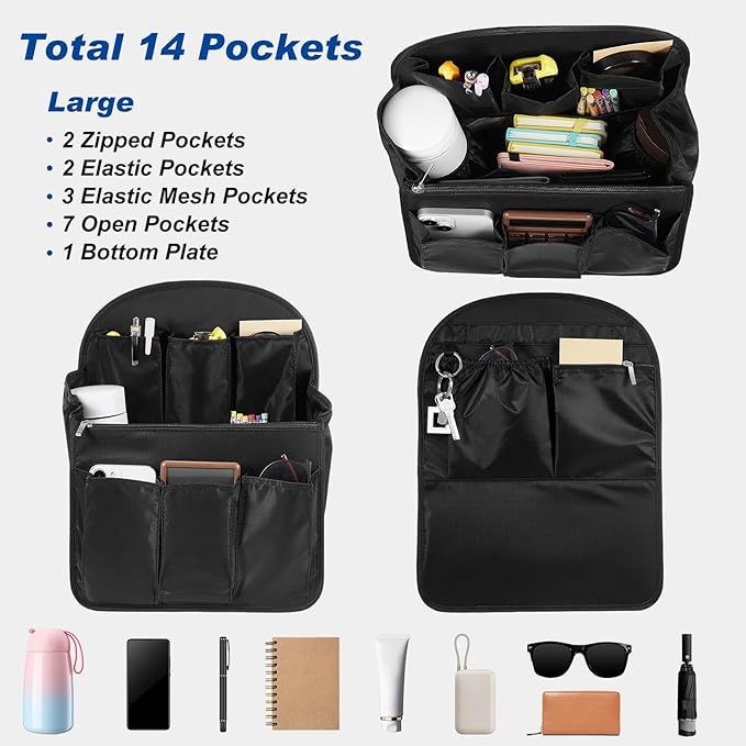 Dansydaisy Mini Backpack Organizer Insert Waterproof Purse Insert Nylon Bag Organizer with Many Pockets for Men and Women, Fits Small Backpacks