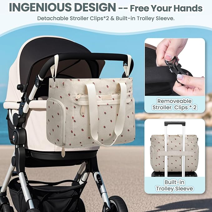 Pritent Large Travel Diaper Bag Tote with 14 Inch Laptop Sleeve, Breast Pump Bag for Mom and Dad, Mommy Maternity Travel Baby Bag for Boys and Girls, Strawberry