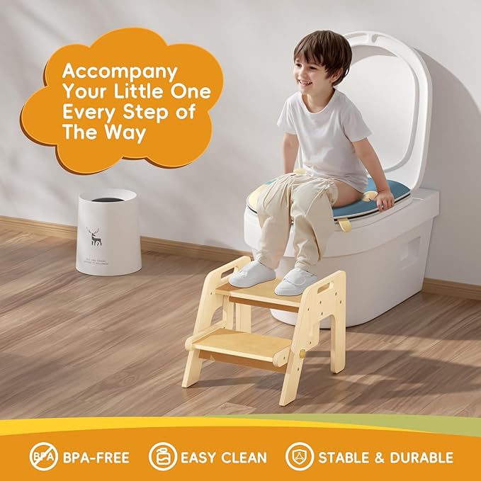 Toddler Step Stool, 2 in 1 Kids Step Stool with Safety Non-Slip Pads and Handles, Wooden Potty Training Stool, Kids Stools Toddler Stool for Bathroom Sink, Kitchen, Bedroom, Nursery, Natural