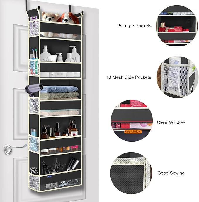 roomtalk 2 Pack Over The Door Hanging Organizer 5-Shelves and 10 Side Pockets, Over The Door Storage for Bathroom and Bedroom, Back of Door Organizers for Kid's Toys (13"x5"x44", Black)