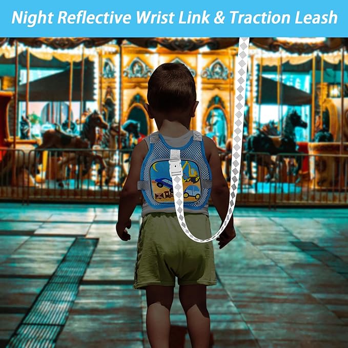 Accmor Toddler Harness Leash + Anti Lost Wrist Link, Cute Car Kids Harness with Leash for Baby, Breathable Child Walking Belt Collapsible Pocket Strap Tether Hold Boys Girls Close for Outdoor Travel