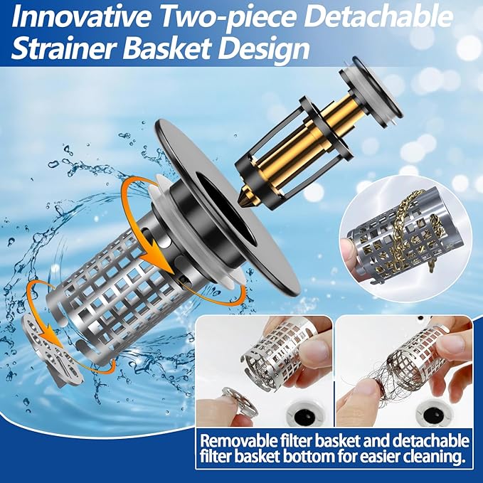 Sink Stopper Hair Catcher(2PCS), Pop-up Sink Drain Strainer with Removable Stainless Steel Strainer Basket Hair Catcher, Bathroom Sink Strainer for Bathroom Sink Stopper Replacement