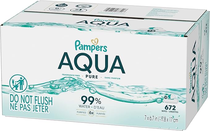 Pampers Aqua Pure Baby Wipes, 99% Water, Fragrance Free, Unscented, Water Based, Multi-Use, 672 Wipes Total (12X Flip-Top Packs) [Packaging May Vary]