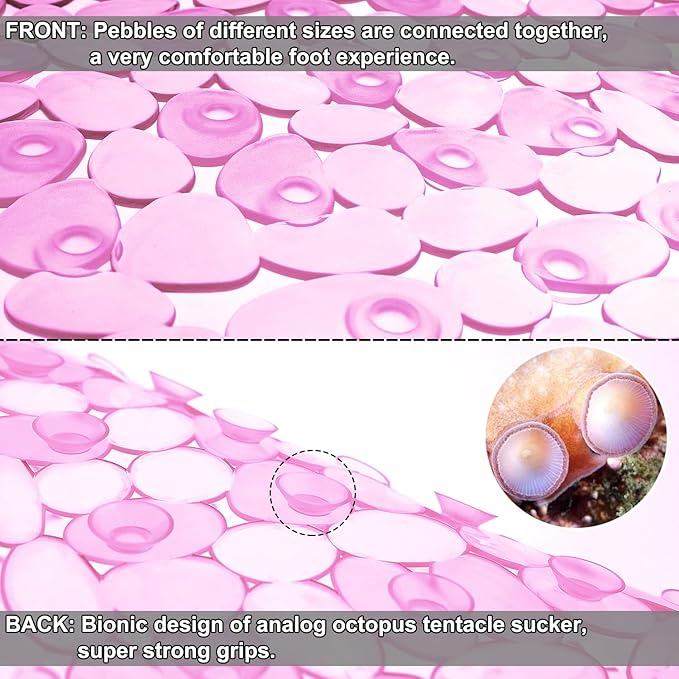 Bath Tub and Shower Mats, Non-Slip Pebble 35 x 16 Inches Machine Washable Bathtub Mat with Drain Holes, Suction Cups for Bathroom (Clear Pink)