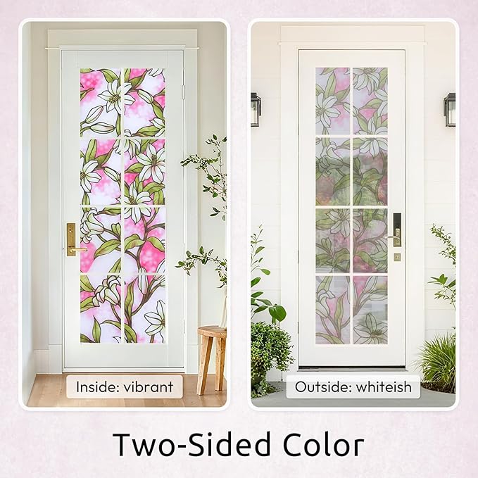 rabbitgoo Pink Lily Window Film Privacy Frosted Glass Cover - Static Cling Removable Decorative Window Tint for Bathroom, Bedroom, Living Room (35.4 x 78.7 Inch)