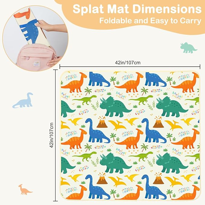 Splat Mat for Under High Chair 42 x 42 Inch Waterproof Baby Splash Mat with Non Slip Bottom Reusable Portable Highchair Mat for Floor Food Catcher for High Chair, Green Dinosaur