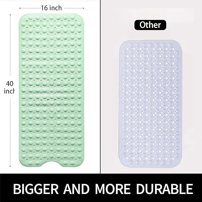 Bathtub and Shower Mats, Extra Long Non-Slip Bath Mat 39 x 16 Inch, Machine Washable Bath Tub Mat with Suction Cups & Drain Holes for Bathroom, Green