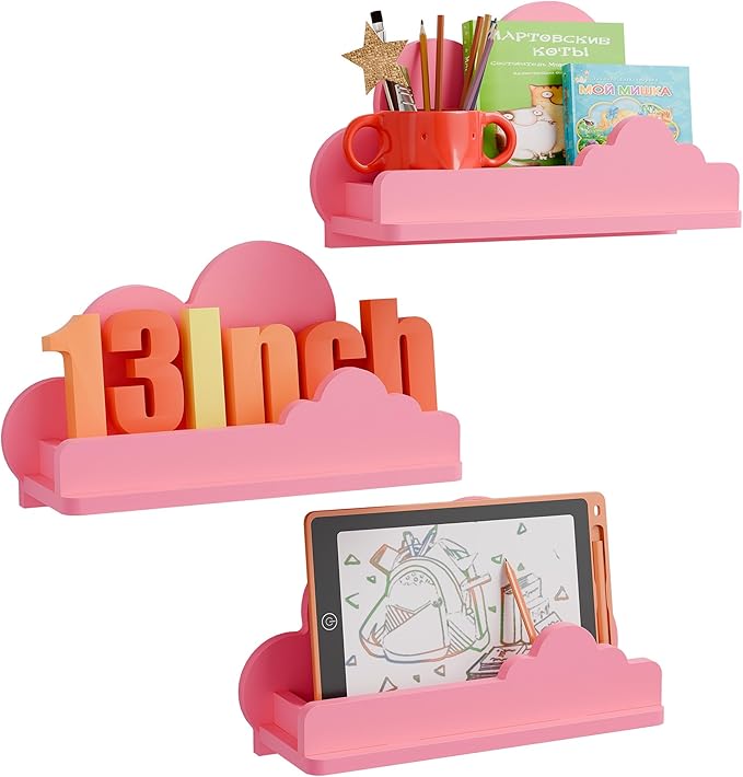 Cloud Shelves for Kid’s Room, 13’’ Long Nursery Wall Deor Set of 3, Pink Cloud Bookshelf Floating Shelf, Figure Shelf Wall Mounted, Cute Decorative Cloud Wall Shelf for Toys, Plants & Storage