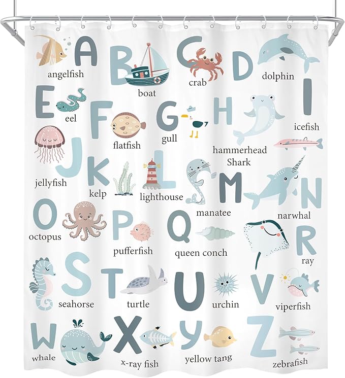 Kids Shower Curtain 60Wx72H Cute Cartoon Alphabet ABC Sea Animal Blue Educational Ocean Bathroom Curtain Set Baby Boys Girls Bath Curtain Cloth Fabric Beach Bathroom Decor with 12 Hooks
