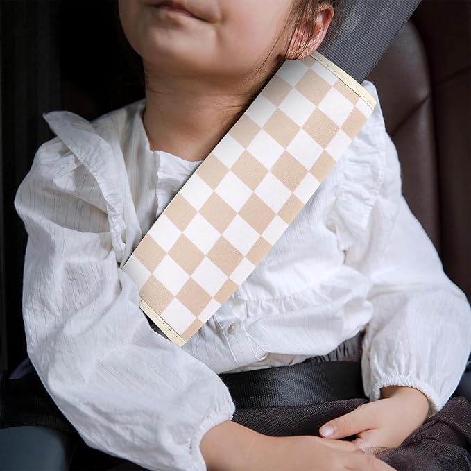 YR Seat Belt Cover for Kids, Soft Comfort Seat Belt Cushion for Children, Cute Cartoon Pattern Car Seat Belt Pads Cover for Girls and Boys, 1 Pack (Almondand Cream Checkered)