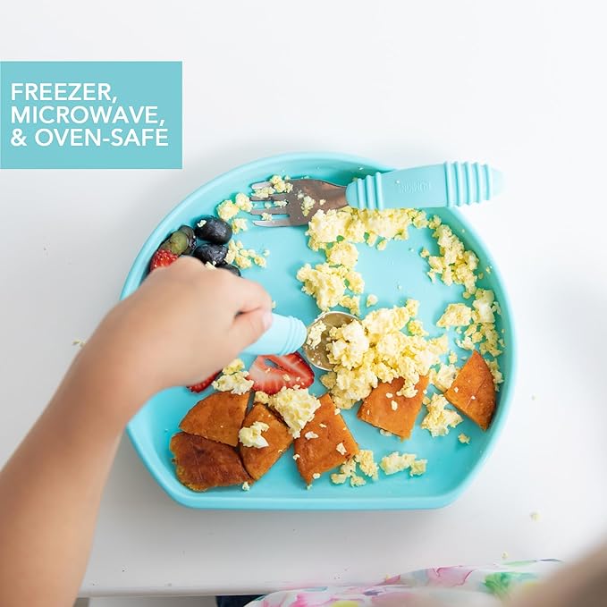 Bumkins Toddler and Baby Suction Plate, Silicone Grip Plate for Babies and Kids, Baby Led Weaning, Children Feeding Supplies, Non Skid Sticky Bottom, Platinum Silicone, Ages 6 Months Up, Blue