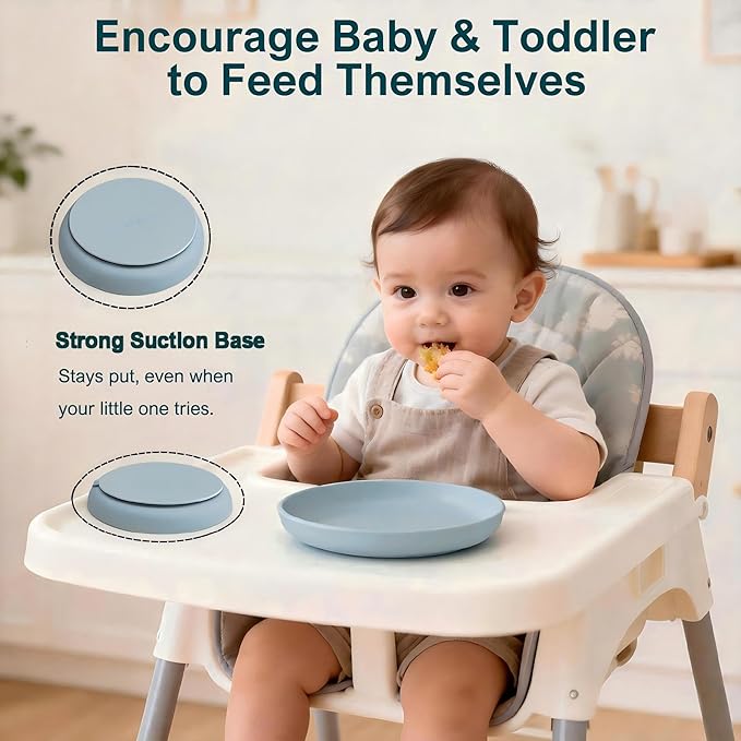 Classic Toddler Plates with Suction 2 Pcs, BPA Free Silicone Baby Suction Plates, Stick Dinner Dishes for Baby Toddler Kids, Dishwasher Safe, Stackable