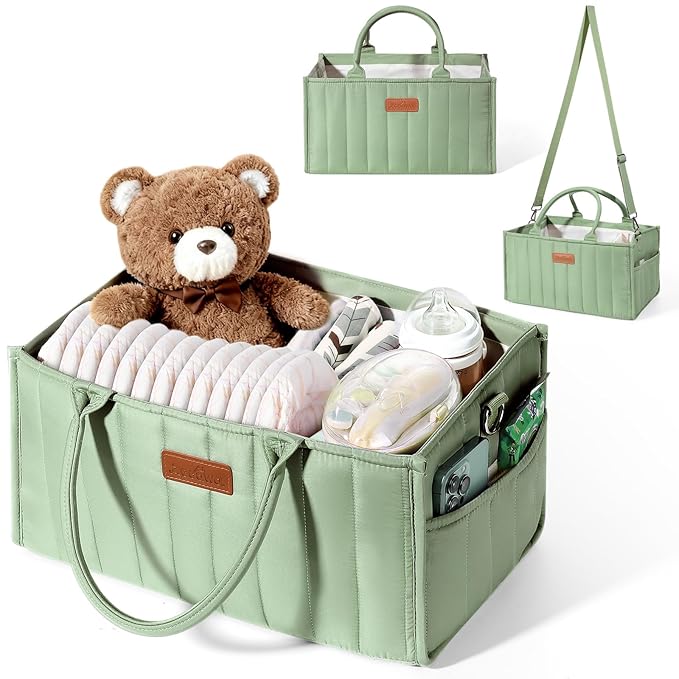 Zooawa Baby Diaper Caddy Organizer, Portable Nursery Storage Basket with Compartments, Handle & Shoulder Strap for Newborn Baby Essentials, Gift for Baby Shower, Nursery, Travel, Car, Matcha Green