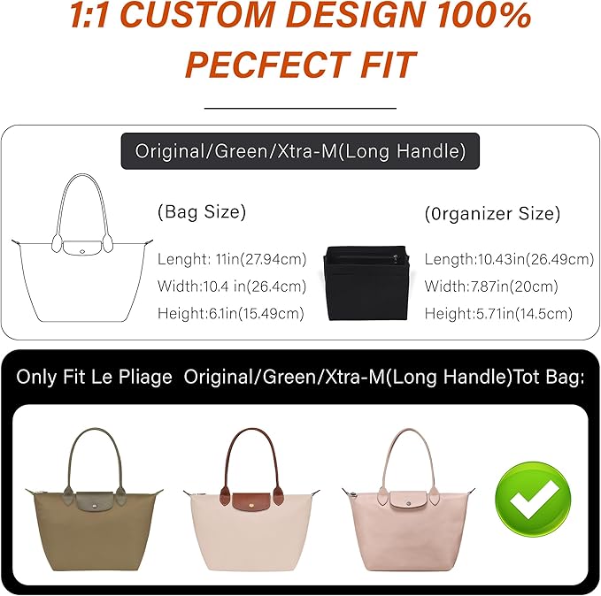 Premium Felt Purse Organizer Insert for Longchamp Le Pliage M, Zipper Long Champ Bag Organizer Insert with Cup Holder, 9 Compartments(Black, Medium)